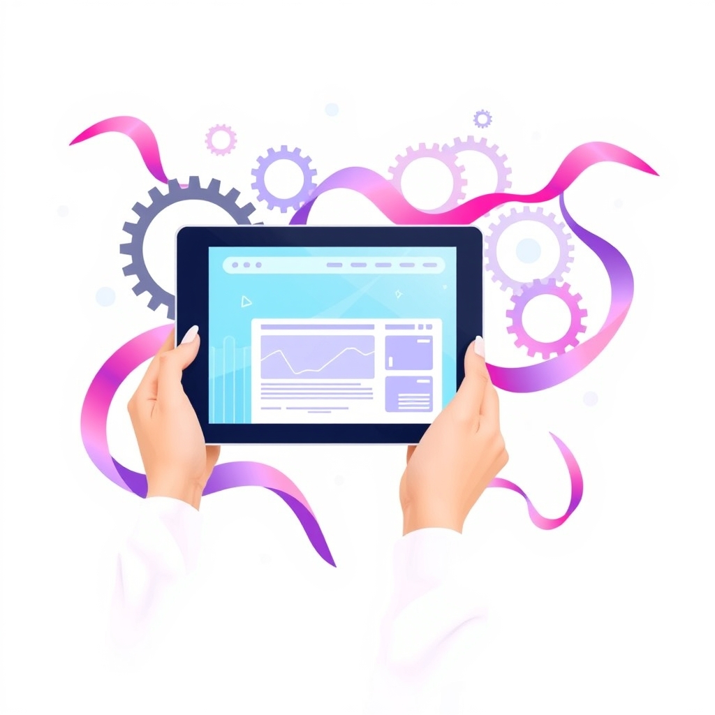 An abstract illustration of a person holding a tablet with a website on the screen, surrounded by gears and cogs, representing the complexity of website budgeting.