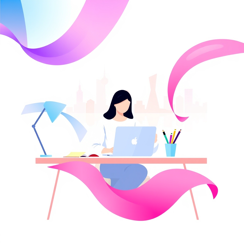An abstract illustration of a person sitting at a desk with a laptop and a notebook, surrounded by colorful sticky notes and pens, with a cityscape in the background.