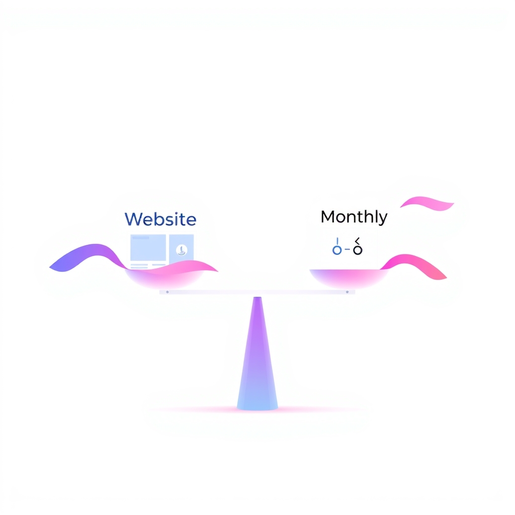 A gradient illustration of a person weighing two options, with a website design build on one side and a monthly hosting and care plan on the other.