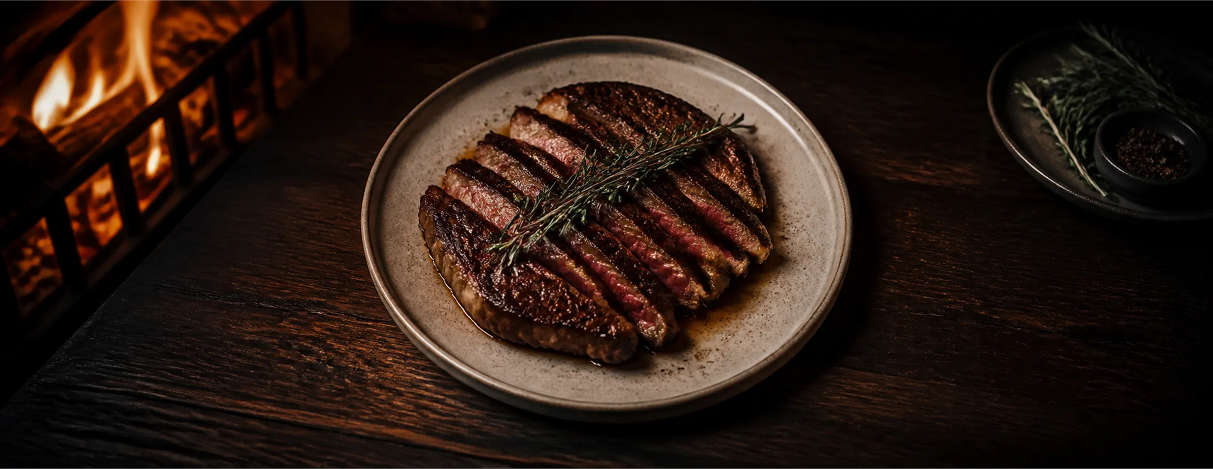 Sliced oak-grilled steak, rosy in the center, with a charred lemon on a stoneware plate