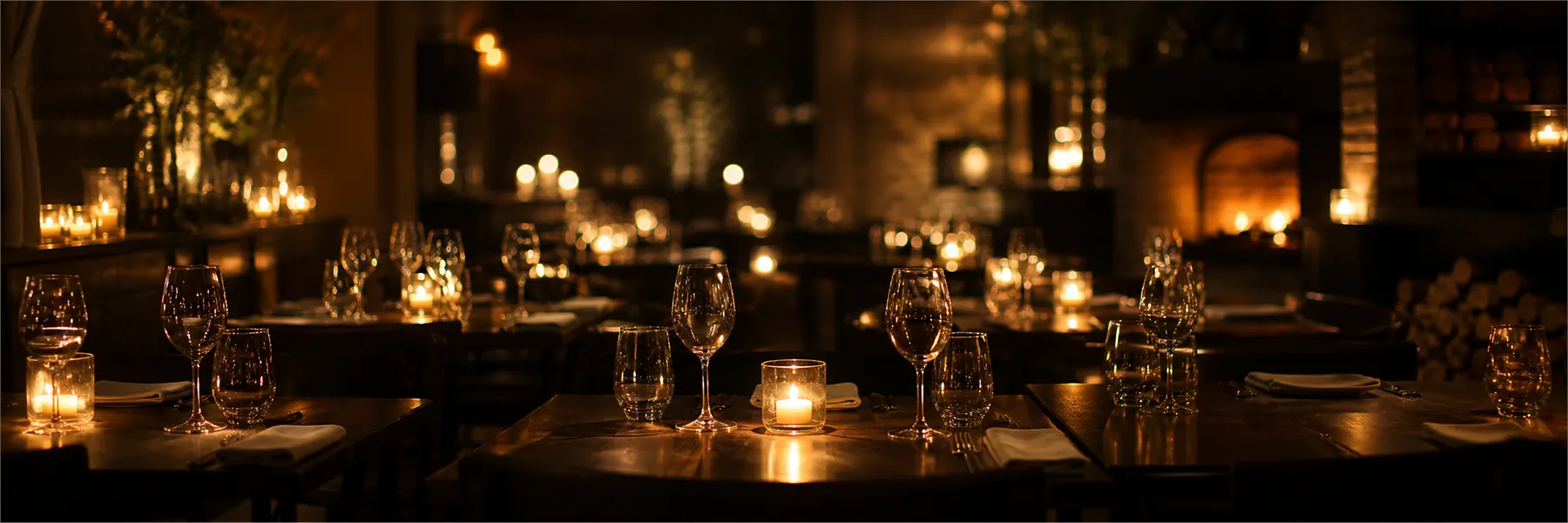 The dining room at Ember & Oak: linen-set tables, wine glasses catching the light, and the long open fireplace glowing along the wall