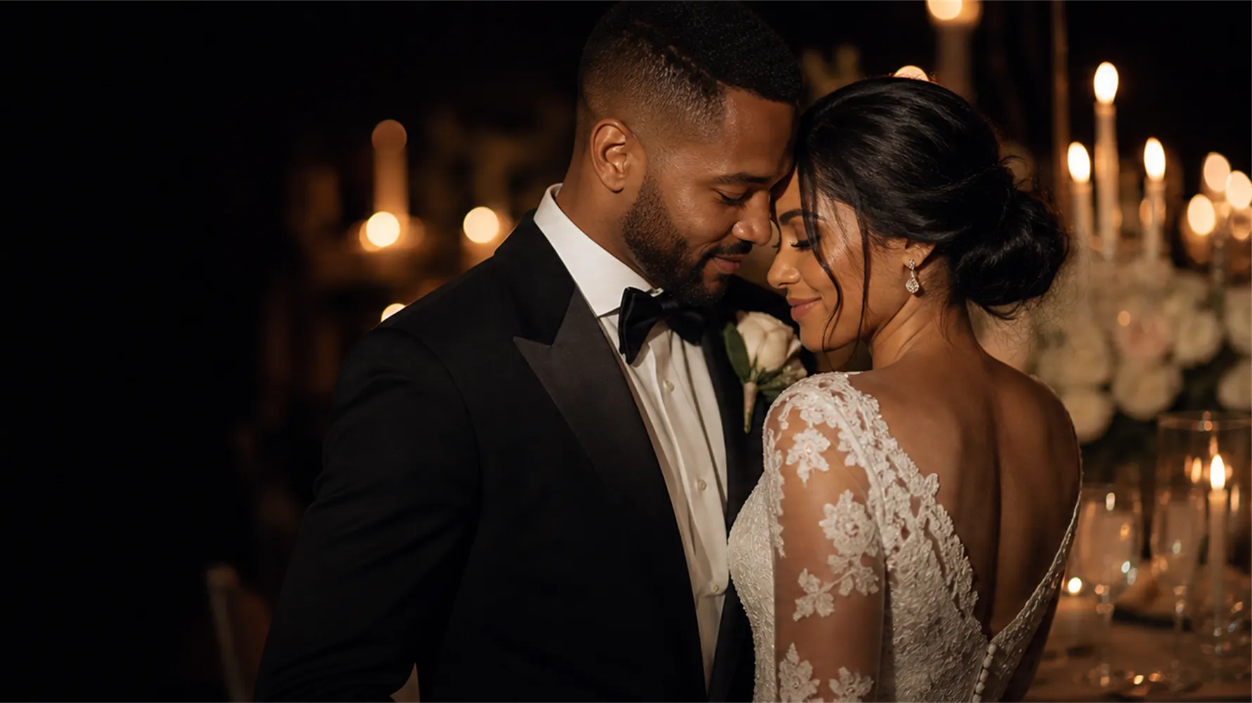 A newly married couple embracing in a candlelit hall