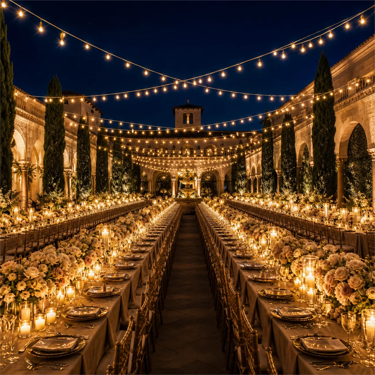 Long banquet tables set with candles and cream florals in a cypress-lined stone courtyard, strung lights overhead