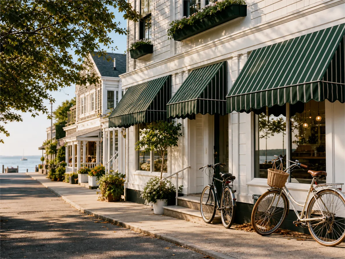 A tree-lined old-town street with cafés and shaded sidewalks