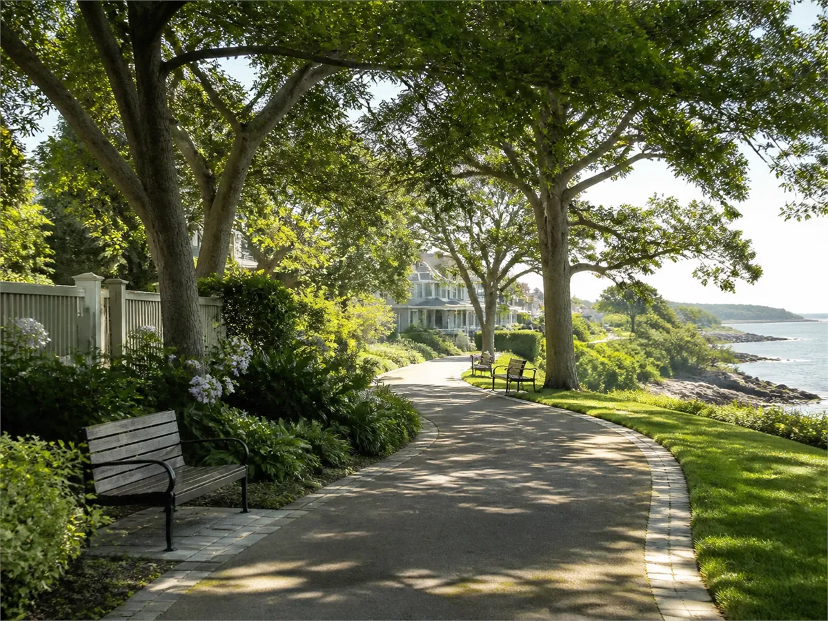 A shaded waterfront promenade with benches and clapboard homes, the sea along one side